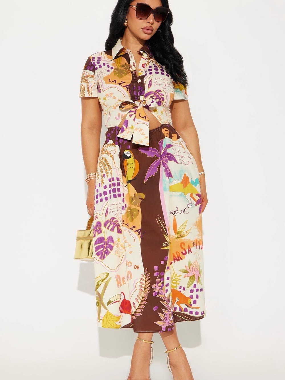 Tropical Print Tie-Front Shirt Dress in Cream, Brown & Purple